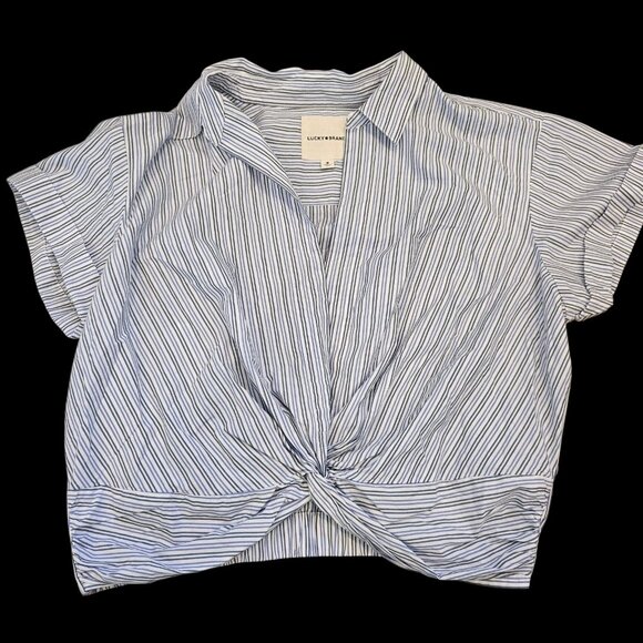 2 Lucky Brand Classic Knotted Cropped Collared Shirts White Blue Sz M NWT Preppy - Picture 2 of 9